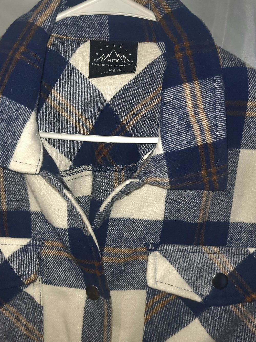 HFX Women's Plaid Shacket Medium Navy Cream Tan Flannel Shirt Jacket.